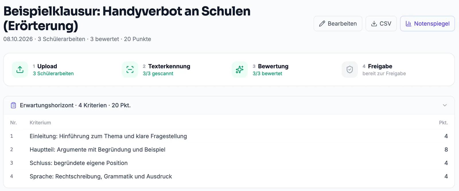 Klausur mit Erwartungshorizont: vier Kriterien mit Punkten, darüber der Fortschritt von Upload bis Freigabe