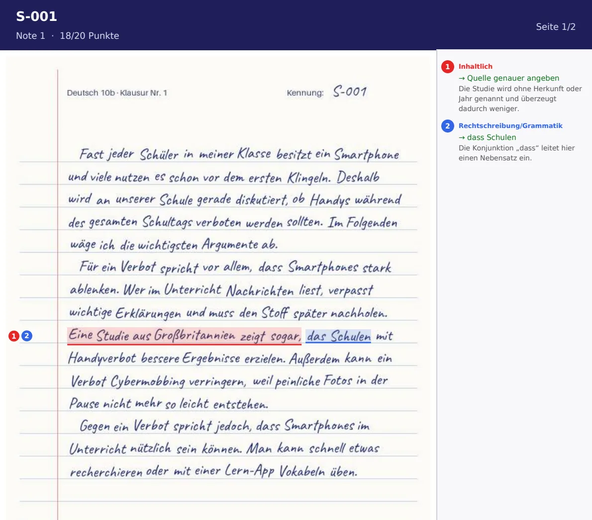 Annotiertes PDF: markierte Stellen im Schülertext mit Anmerkungen am Rand