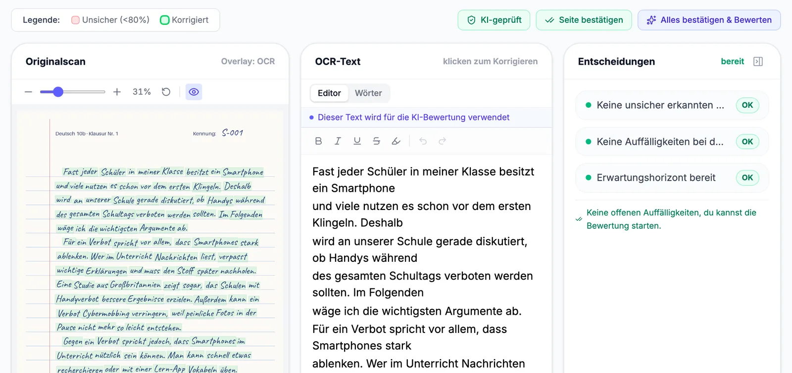 Korrekturansicht mit Originalscan, erkanntem Text und offenen Entscheidungen