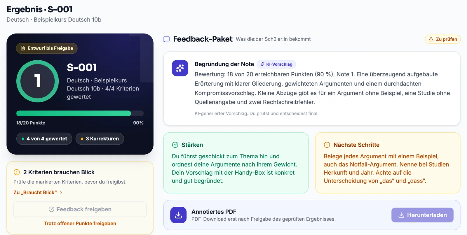 Ergebnisansicht mit Notenvorschlag 1, Begründung, Stärken und nächsten Schritten